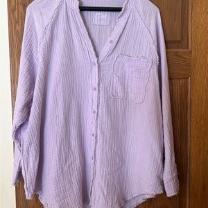 Aerie Large Gauzy Distressed Frayed Oversized Tunic Lavender Button-Up Shirt